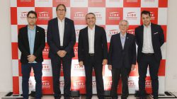 Os painelistas Everton Goedert (CEO do Goedert Group), Mario Cezar de Aguiar (presidente da FIESC), Delton Batista (presidente do LIDE SC), Glauco José Côrte (VP da CNI) e Juliano Custódio (CEO da EQI Investimentos). Foto: José Somensi.