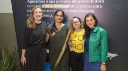 Da esquerda para a direita: Ingrid Barth, presidente da Abstartups; Kuppulakshmi Krishnamoorthy, Head Global do Zoho For Startups; Hellym Ribeiro, gerente do Zoho for Startups Brasil e Mariane Takahashi, CEO da Abstartups. Crédito da foto: Alessandro Silvas.